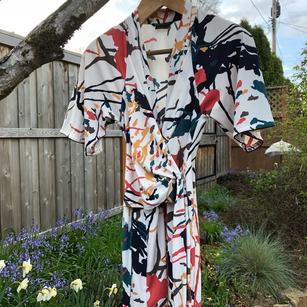 BCBG paint splatter wrap dress. NWOT Size M